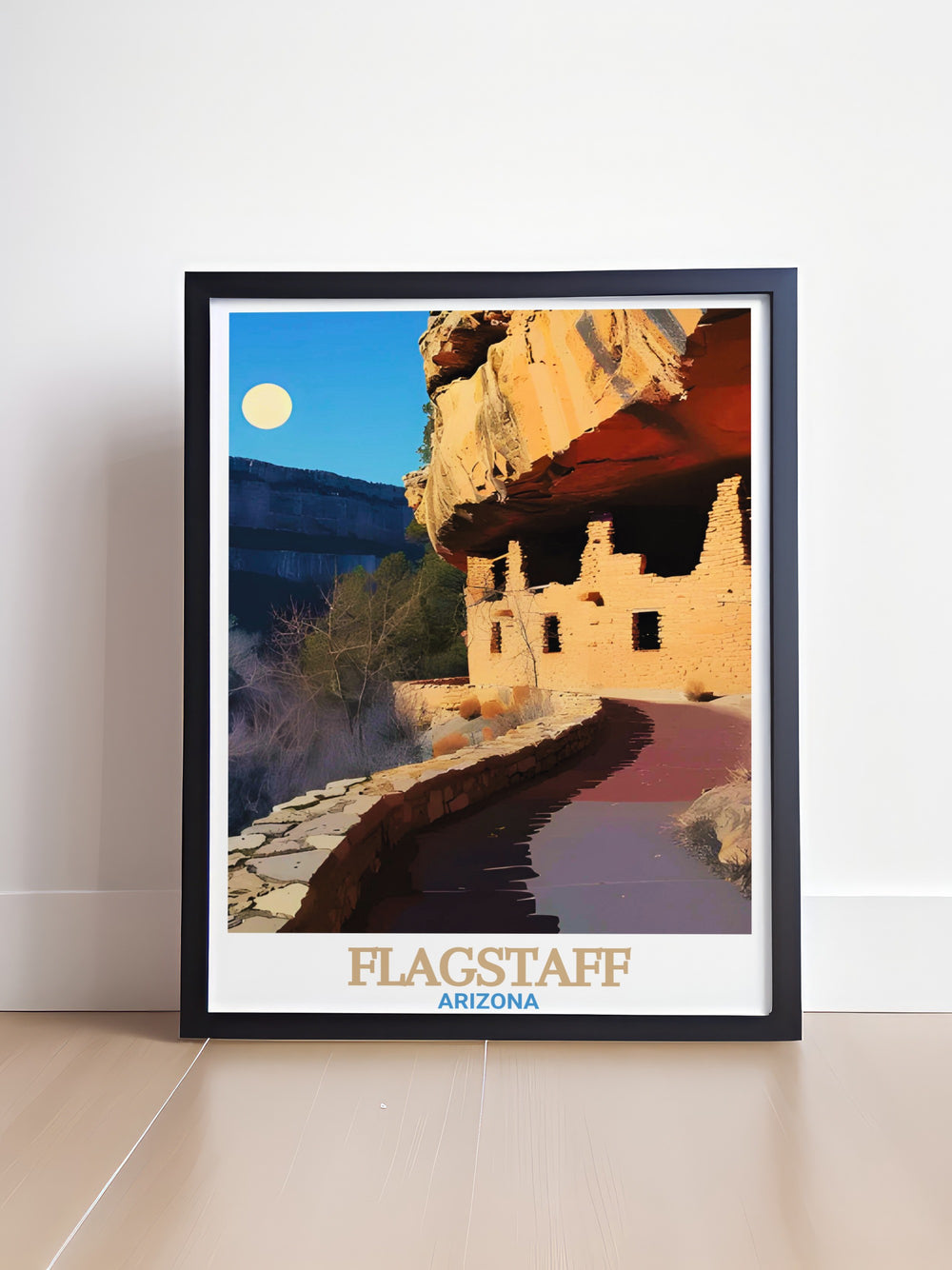 Flagstaff Arizona poster print brings the beauty of Walnut Canyon National Monument into your home, highlighting the cliff dwellings of the Sinagua people. This travel print showcases the unique blend of history and nature that defines this Arizona landmark.