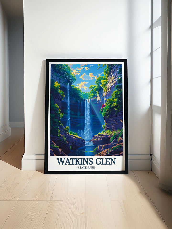 Watkins Glen State Parks natural wonders are beautifully illustrated in this vintage style poster, capturing the parks charm and tranquil setting. Perfect for those who love New Yorks historic parks, this artwork brings the beauty and serenity of Watkins Glen into your home, providing a soothing and elegant decor piece.