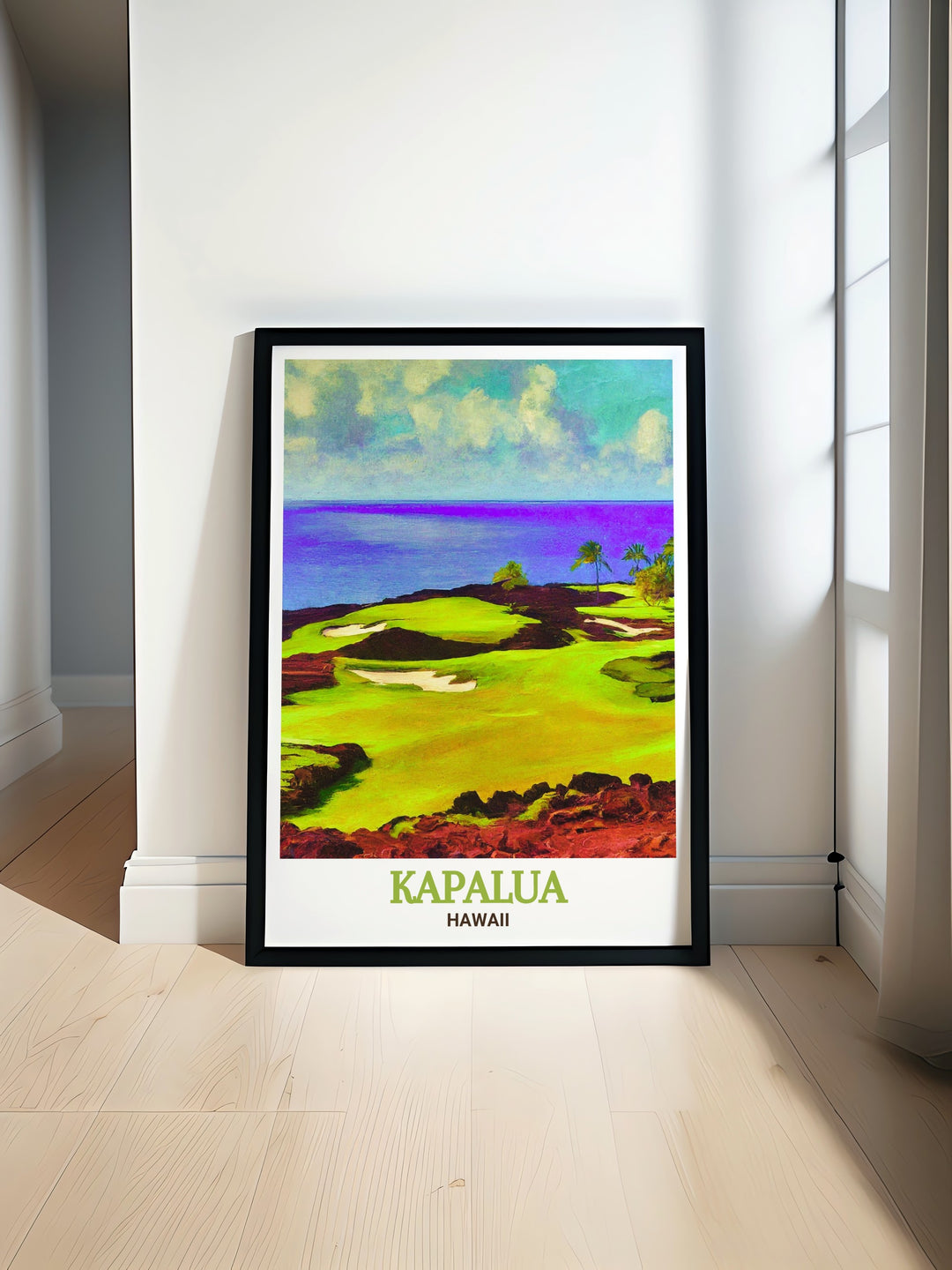 The Bay Course wall art combined with the lush greens of Kapalua golf course creates a serene and vibrant artwork perfect for modern home decor this travel poster print captures the natural beauty of Hawaii ideal for art collectors and those seeking personalized gifts