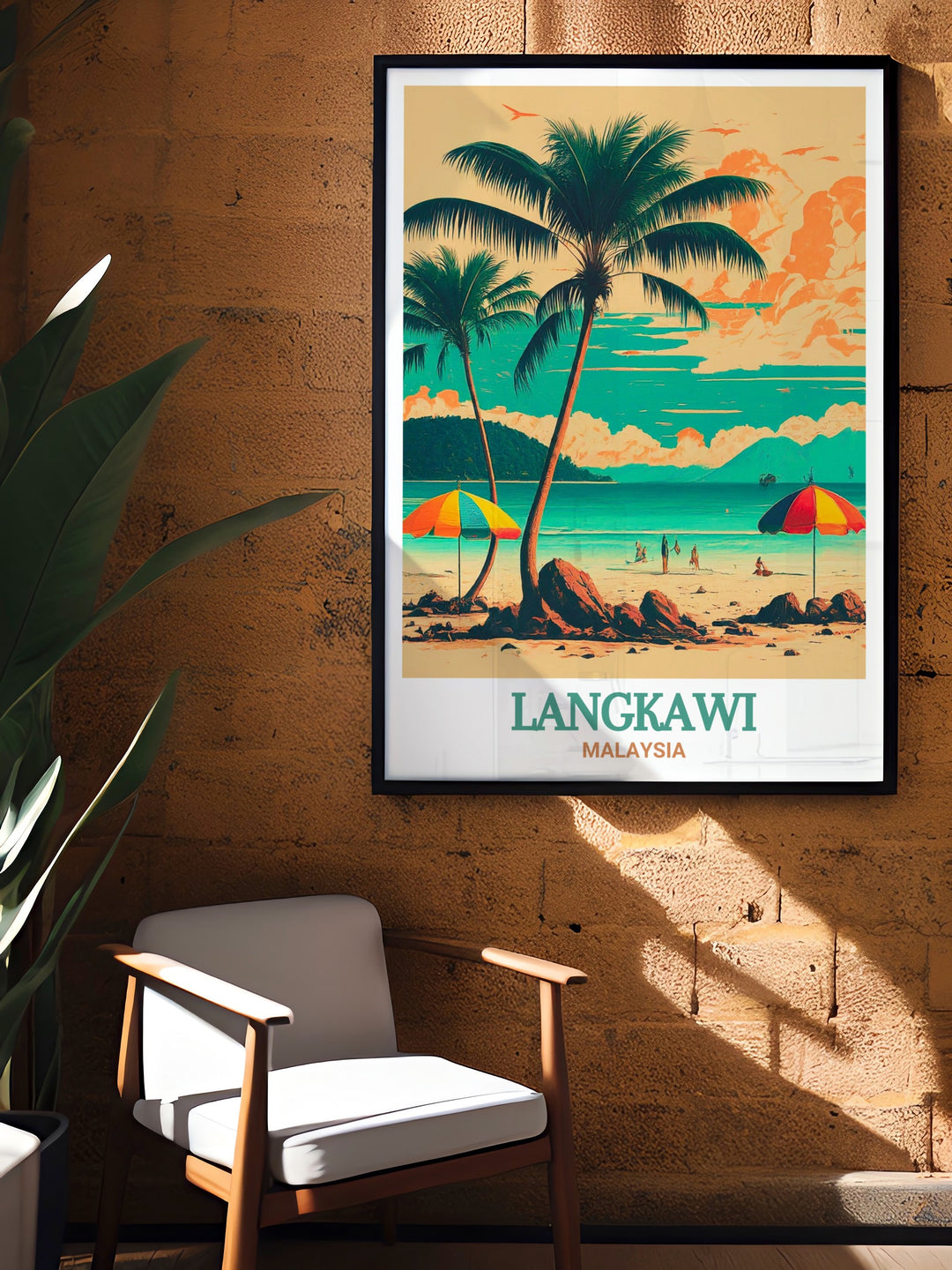 Vintage style Langkawi travel print featuring Pantai Cenang beach, with golden sands and lush greenery. This wall art piece captures the peaceful yet lively atmosphere of the Malaysian coast, making it a great addition to any tropical themed decor or as a gift for beach lovers.