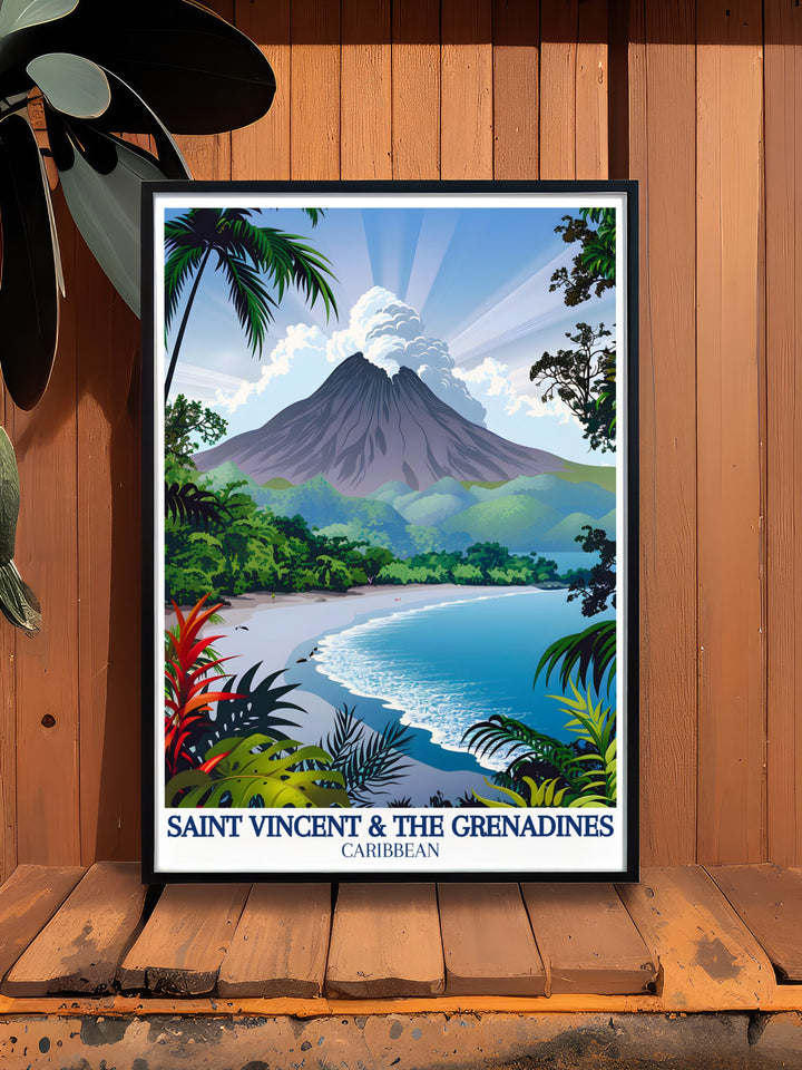 Featuring the striking La Soufrière Volcano of Saint Vincent, this travel print brings the dramatic Caribbean landscape to life. The vibrant colors and natural beauty of the island are perfect for anyone looking to add a tropical touch to their home décor.