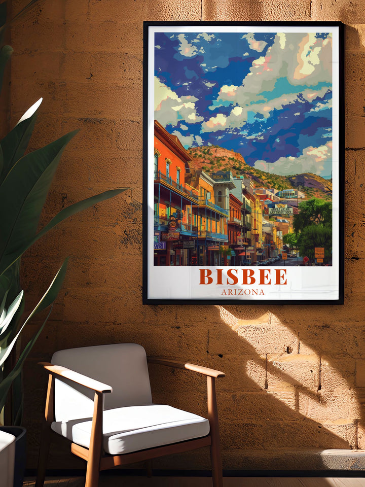 Elegant Arizona wall art featuring the historic beauty of Bisbee. This Arizona travel print offers stunning decor for your living space or as a thoughtful gift for lovers of Bisbee and the unique charm of Arizona.