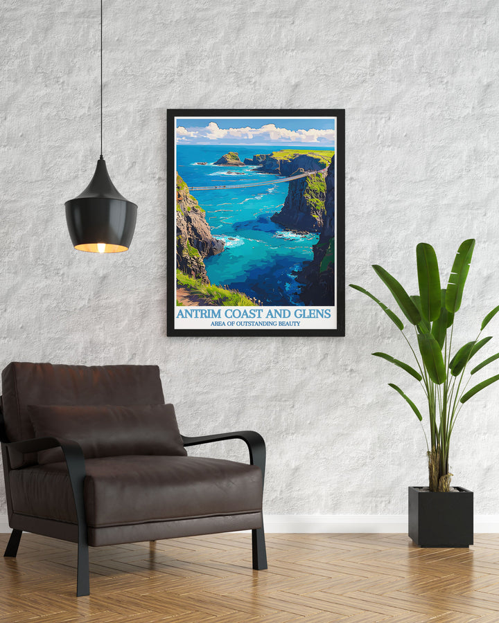 Travel poster of Irelands coastline, highlighting the dramatic views and historic sites along the northern shores.
