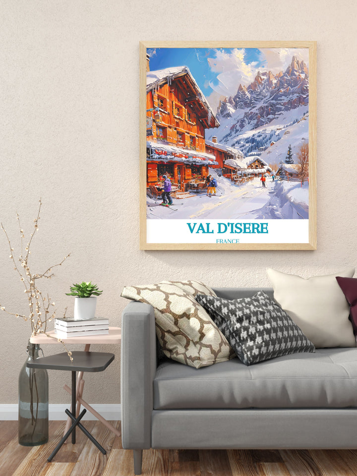Cherish the alpine elegance of Solaise in Val dIsere with this stunning travel poster, showcasing the pristine snowfields and panoramic vistas that define this world renowned ski resort in the French Alps.