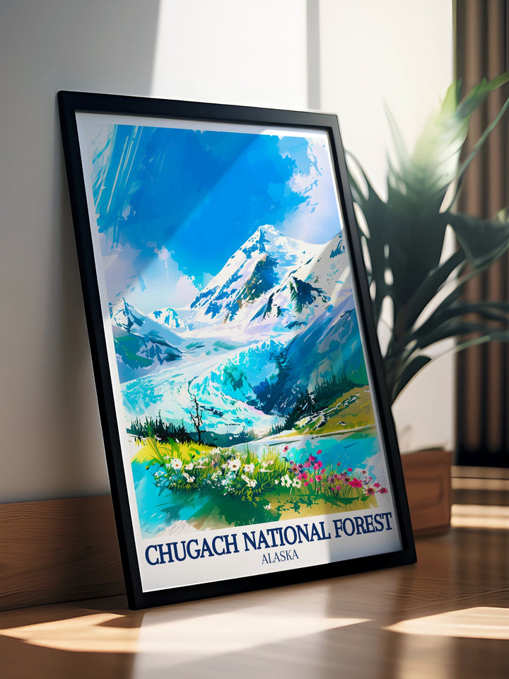 Capture the beauty of Alaska with this poster of Chugach National Forest. The vibrant Holgate Glacier and Kenai Fjords are beautifully portrayed, making this travel print an excellent choice for decorating any room.