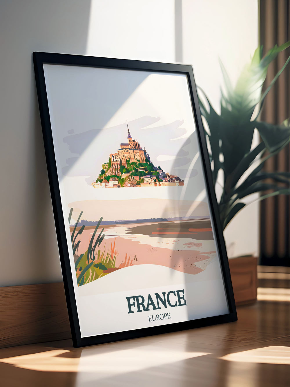 Mont Saint Michel Bay framed print showcasing the grandeur of Mont Saint Michel with picturesque bay ideal for adding sophistication to living room decor