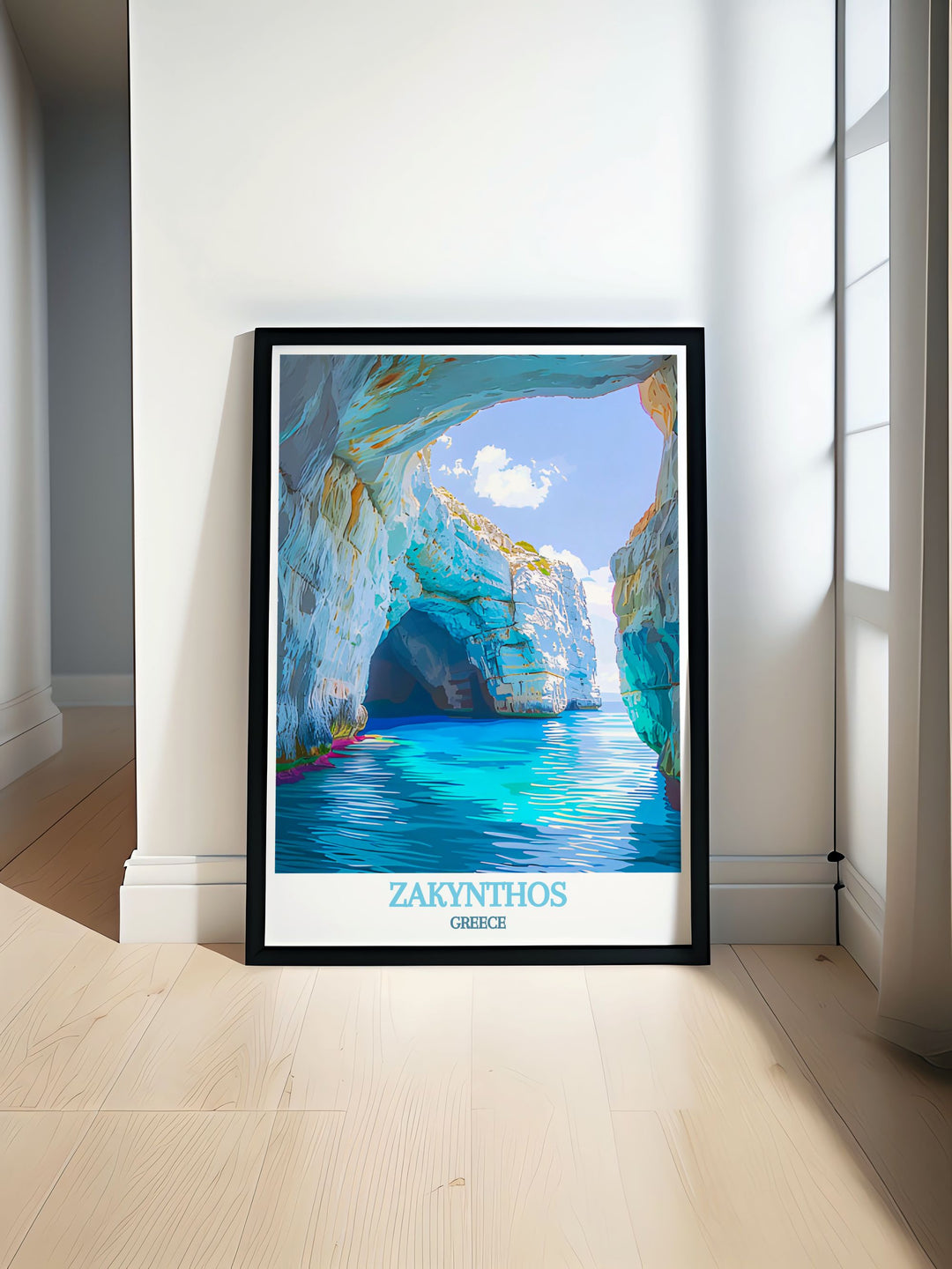 Greece Island Print showcasing the stunning beauty of Zakynthos with its pristine beaches and charming towns complemented by the mesmerizing Blue Caves bringing the unique charm of this beloved destination to your home decor