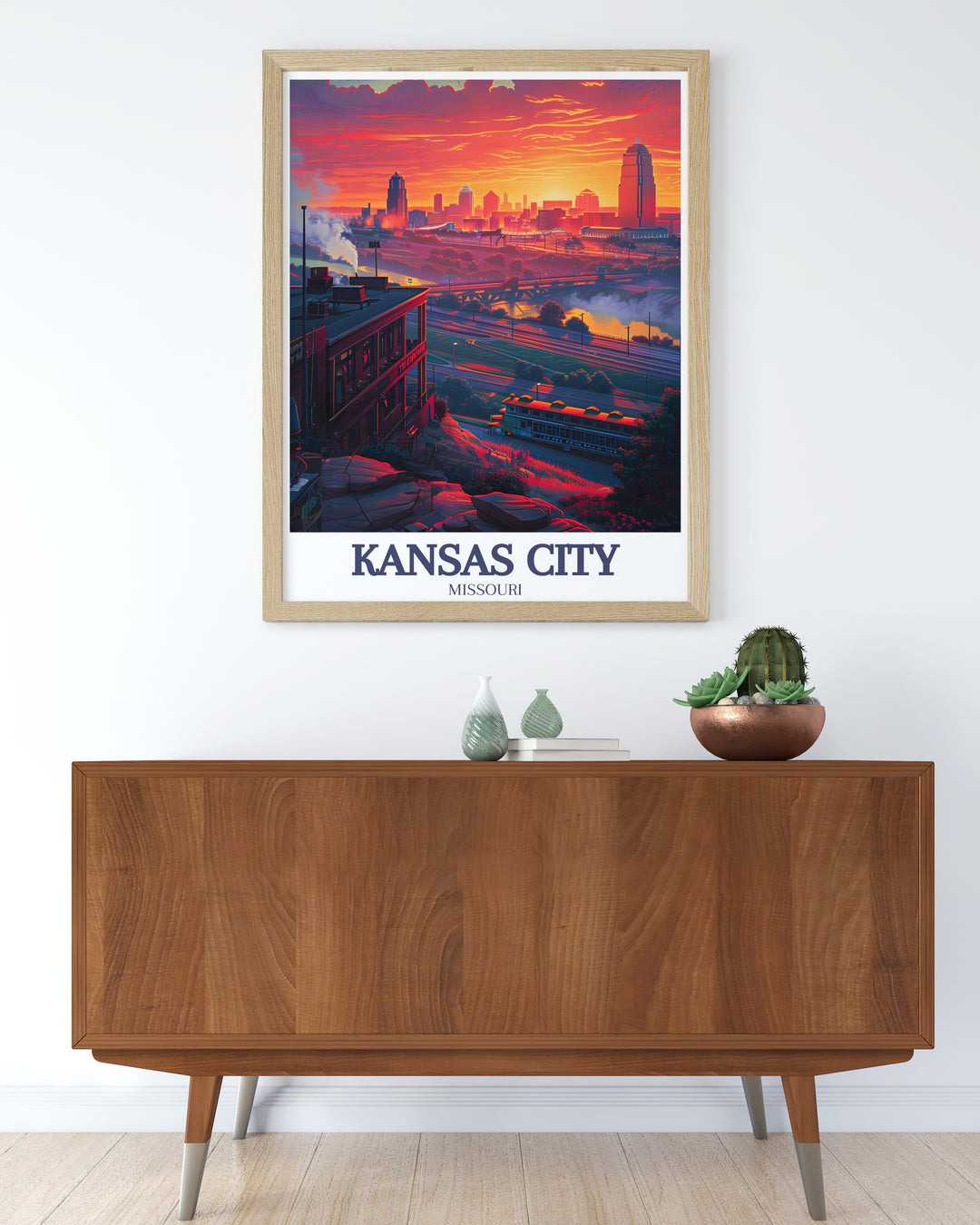 Kansas City framed art capturing the iconic Power and Light Building and downtown streets. This travel poster is a perfect reflection of Missouris architectural marvels, designed to bring a modern and vintage touch to any home or office.