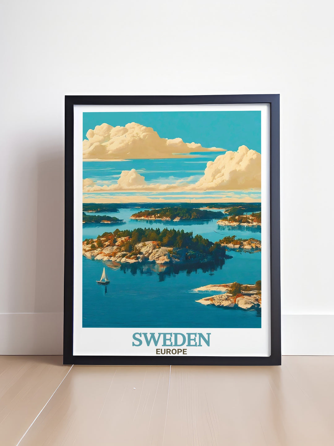 Stockholm Archipelago stunning prints capturing Swedens coastal charm in vivid colors. These modern art prints are perfect for home decor or as a travel gift for anyone who loves Scandinavian landscapes and elegant wall art.