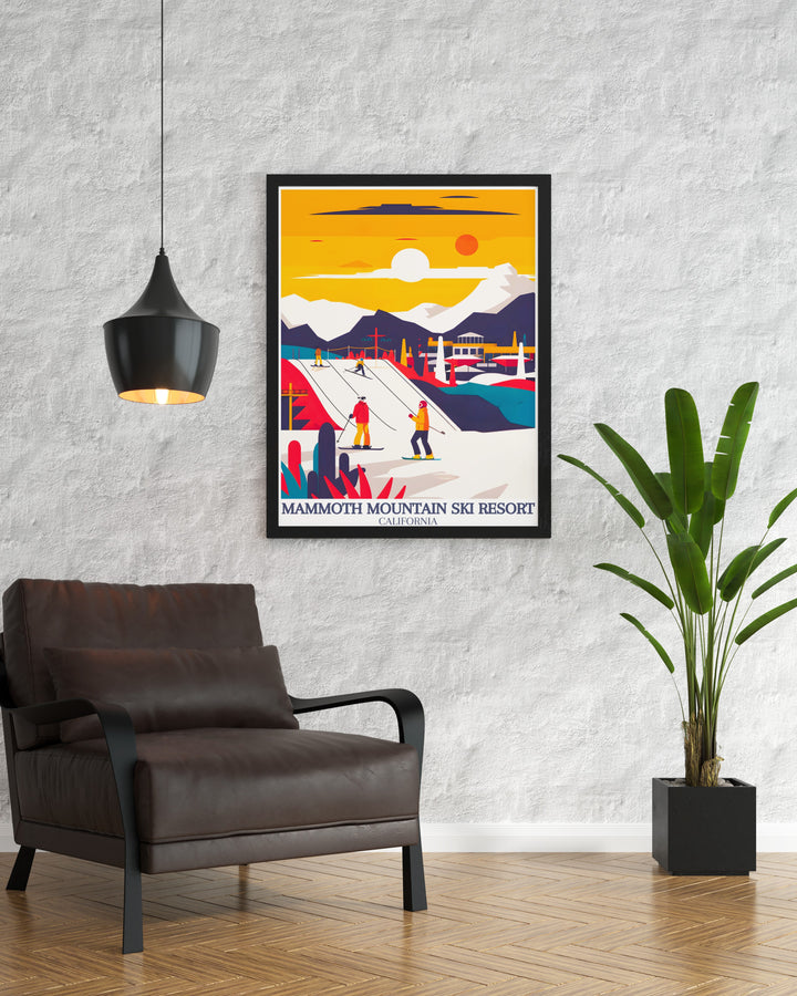 This Mammoth Mountain Poster Print highlights the resorts famous halfpipe and après ski culture. The stunning artwork is perfect for enhancing any rooms décor with an adventurous touch, showcasing the excitement of one of Californias best ski resorts.