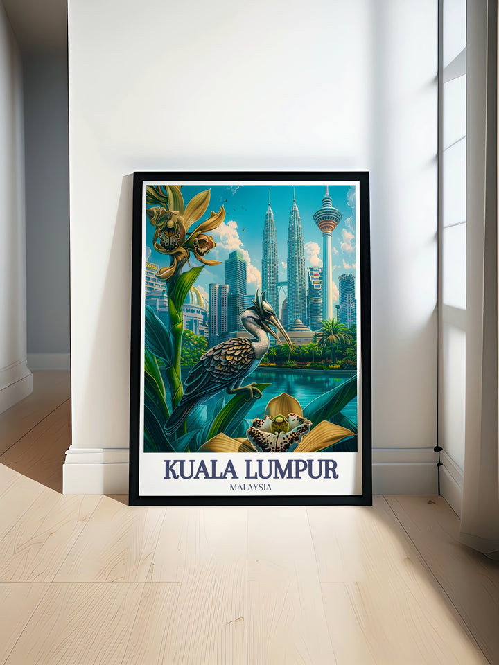 Kuala Lumpur poster print featuring the Petronas Twin Towers and Perdana Botanical Gardens, highlighting the contrast between modern architecture and lush green spaces. This travel art perfectly captures the essence of Malaysias capital city, making it a great addition for anyone who loves urban landscapes and nature.