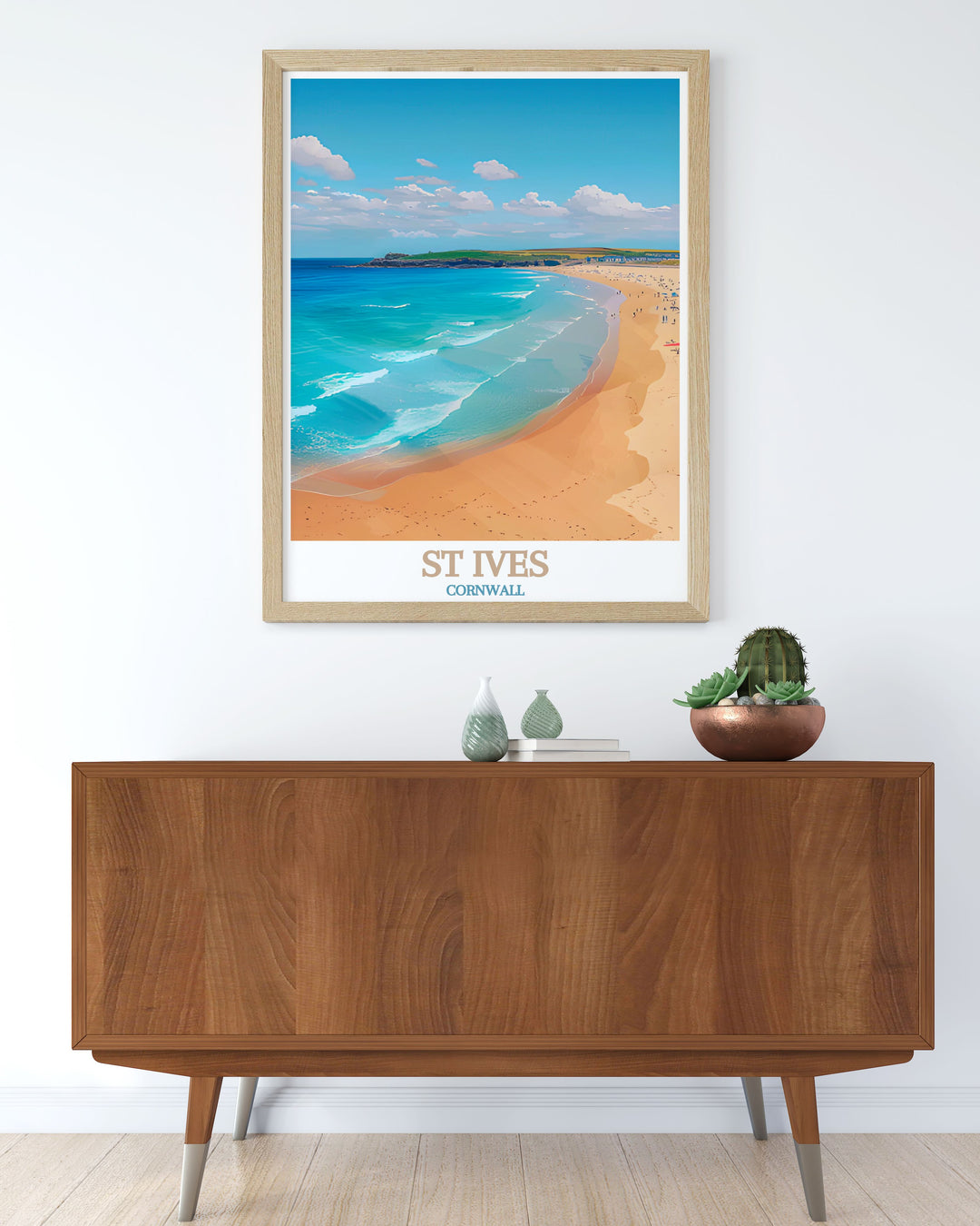 Featuring the iconic Porthmeor Beach and the lively atmosphere of St Ives, this travel poster is perfect for those who love exploring historic towns and appreciating coastal beauty.
