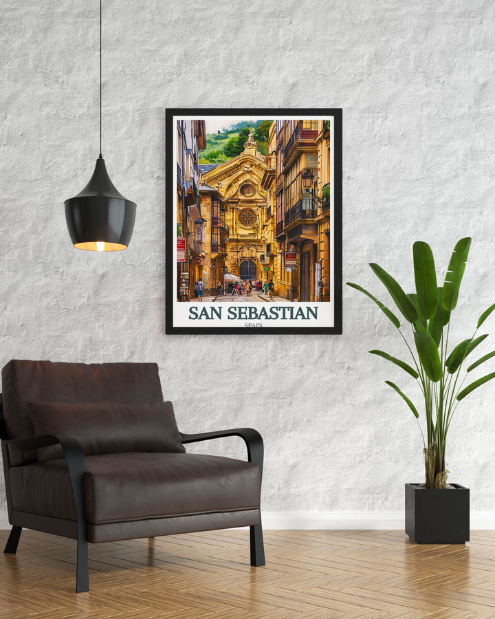 Colorful San Sebastian Poster showcasing Old Town and Santa Maria Church vibrant and modern this wall art adds charm and sophistication to any room perfect for Fathers Day Mothers Day and gifts for friends