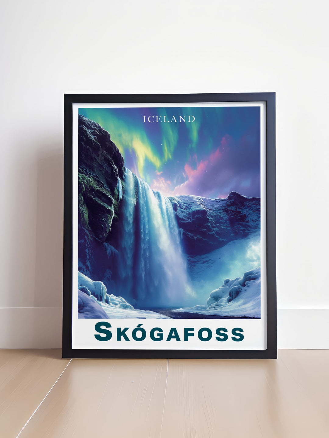 Skogafoss waterfall northern lights vintage print displaying the enchanting scene of the waterfall and aurora borealis perfect for adding a nostalgic touch to any room