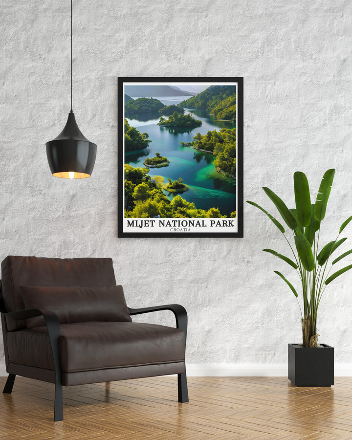 Mljet Artwork featuring Veliko and Malo Jezero lakes offers a stunning portrayal of one of Croatias most pristine natural settings. The serene lakes, surrounded by lush forests, provide a peaceful escape. This print is ideal for anyone looking to bring a touch of natures tranquility into their home.