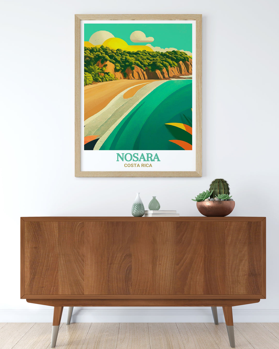 Costa Ricas Playa Guiones is captured in this vibrant print, showcasing the beachs natural beauty and inviting atmosphere. The artwork highlights the serene landscape and clear waters that make Nosara a top destination for travelers seeking relaxation and adventure. Perfect for adding a touch of tropical charm to your home.