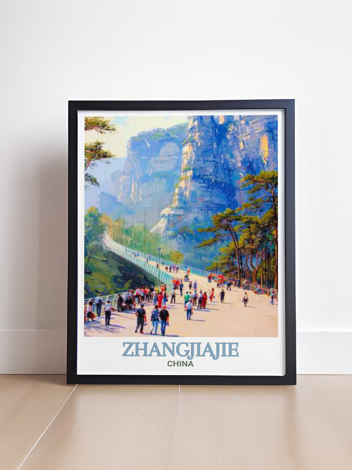 Exquisite framed print of the Glass Bridge of Zhangjiajie Grand Canyon capturing the majesty of Zhangjiajie Mountain a wonderful addition to any collection of Chinese decor