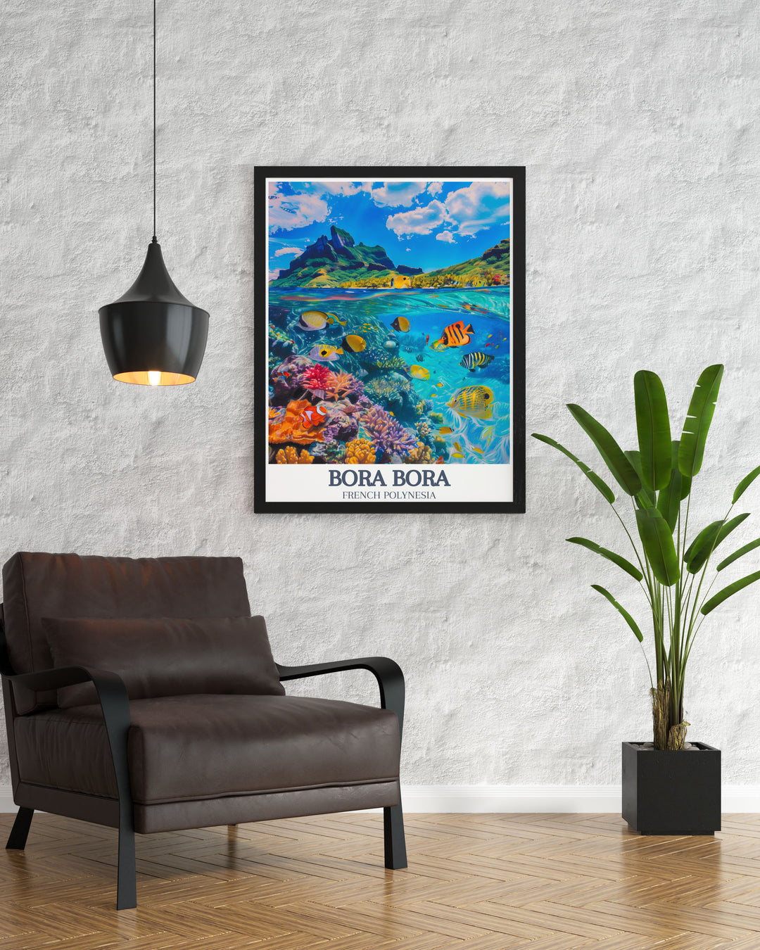 Bora Bora Lagoon Coral Gardens vintage print featuring the lush and colorful underwater world of Bora Bora ideal for wall art and home decor this retro travel poster brings the essence of French Polynesia into your space offering a touch of serenity and natural beauty.