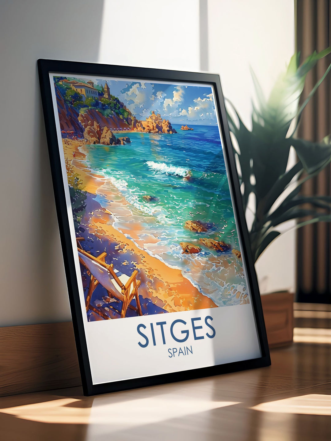 The beautiful beaches of Sitges are showcased in this poster, capturing the serene beauty and inviting atmosphere of this Mediterranean paradise, perfect for beach lovers and sunseekers.