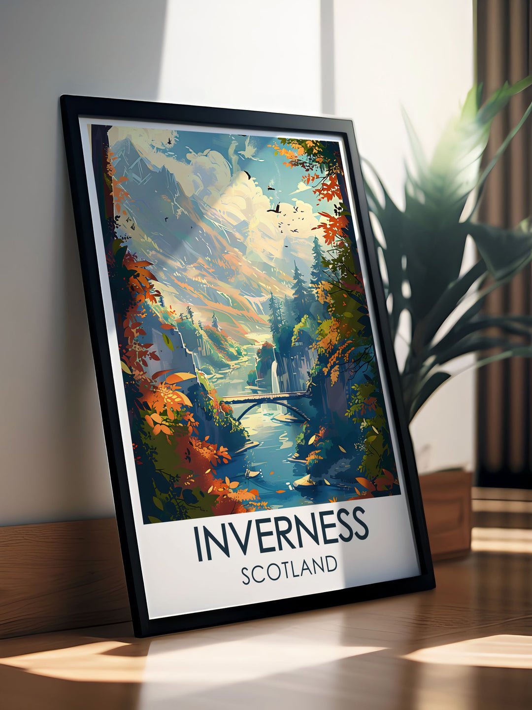 a framed poster of a river surrounded by trees
