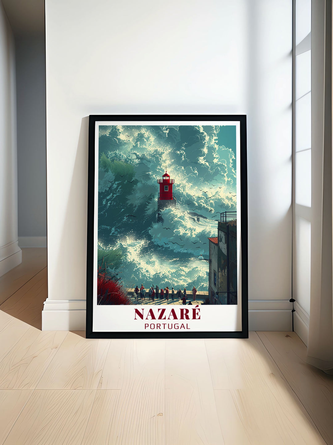 Stunning Praia do Norte art print showcasing the powerful waves of Nazare Portugal perfect for adding a touch of coastal elegance to your home decor ideal for living rooms or offices