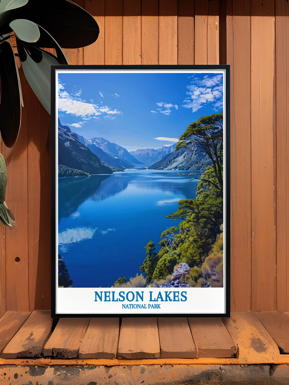 Serene Lake Rotoiti poster from Nelson Lakes National Park captures the tranquil waters and lush surroundings, ideal for creating a calming ambiance in any room and evoking the spirit of adventure and exploration.