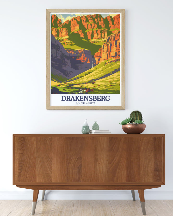 Bring the majestic landscapes of the Drakensberg Mountains into your home with this colorful poster print. Featuring Giants Castle and Royal Natal National Park, its an ideal gift for those who love the outdoors and want to capture the beauty of South Africa.