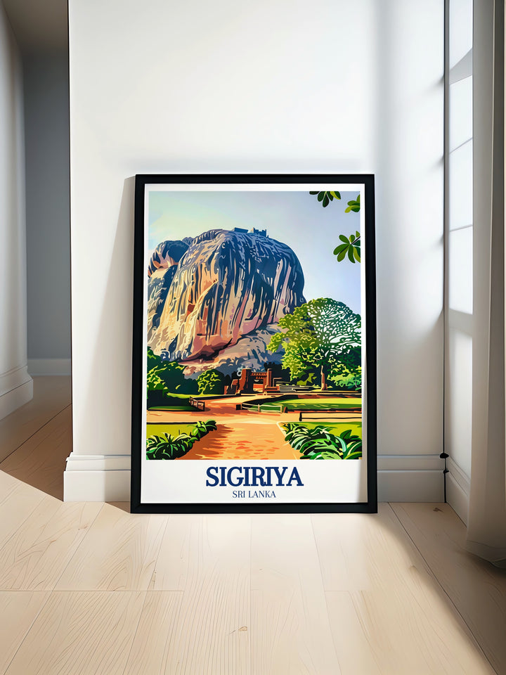 Framed art of Sigiriya, highlighting the architectural marvel of Lions Rock and the surrounding landscapes. This artwork is an excellent choice for anyone interested in the history and natural beauty of Sri Lanka, offering a striking visual centerpiece for any room.