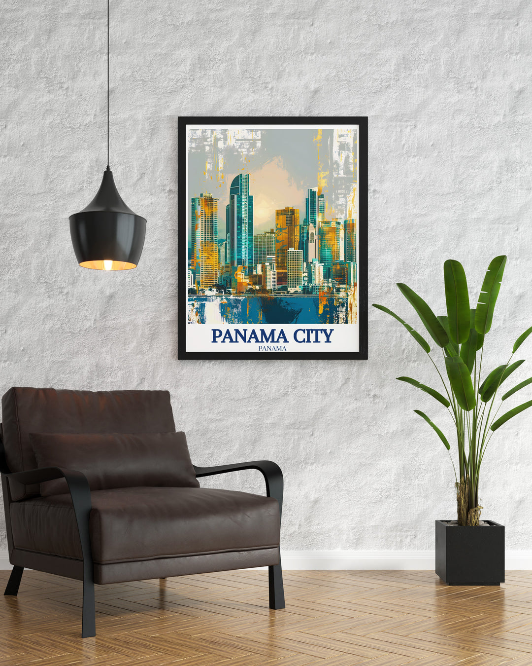 Beautiful travel print of Panama Canal Panama City skyline ideal for beach wall art and enhancing any room with modern prints