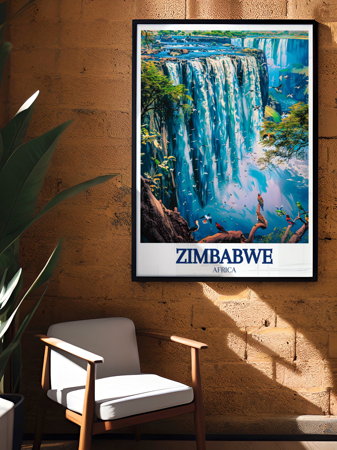 This Zimbabwe artwork features the lush landscapes of the Eastern Highlands and the majestic Victoria Falls. Perfect for anyone with a passion for Africas wilderness, this canvas art offers a detailed and vibrant depiction of two of Zimbabwes most famous natural landmarks.