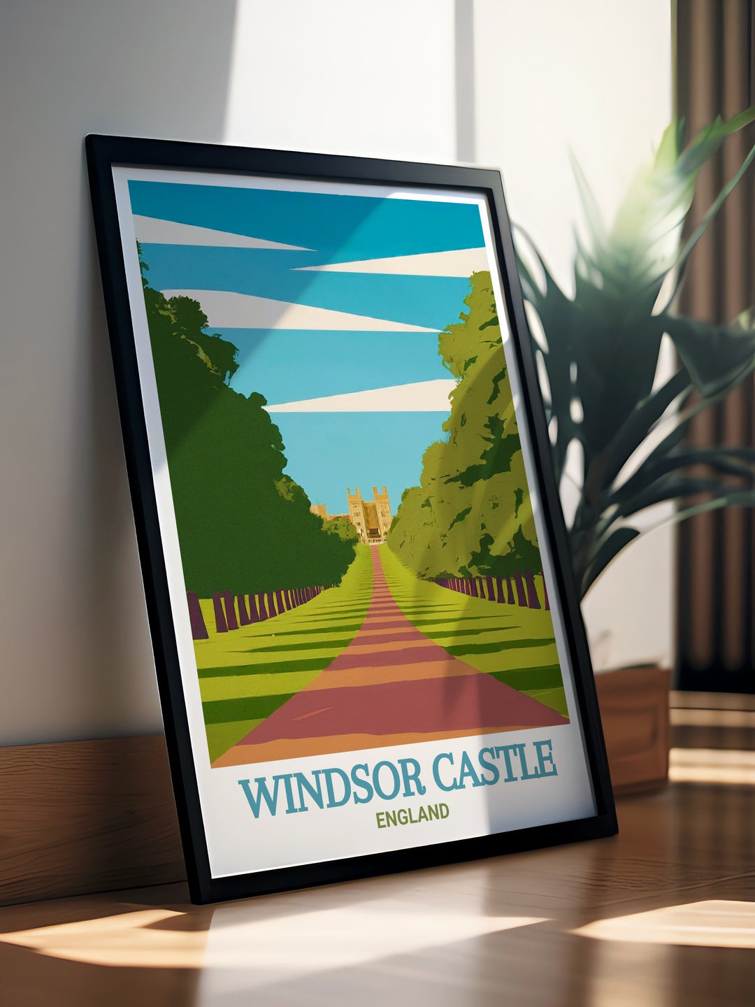 Framed art print of The Long Walk, offering a peaceful yet stately view of Windsor Castles grounds. This artwork makes an excellent addition to any collection focused on the British monarchy and historic royal residences.