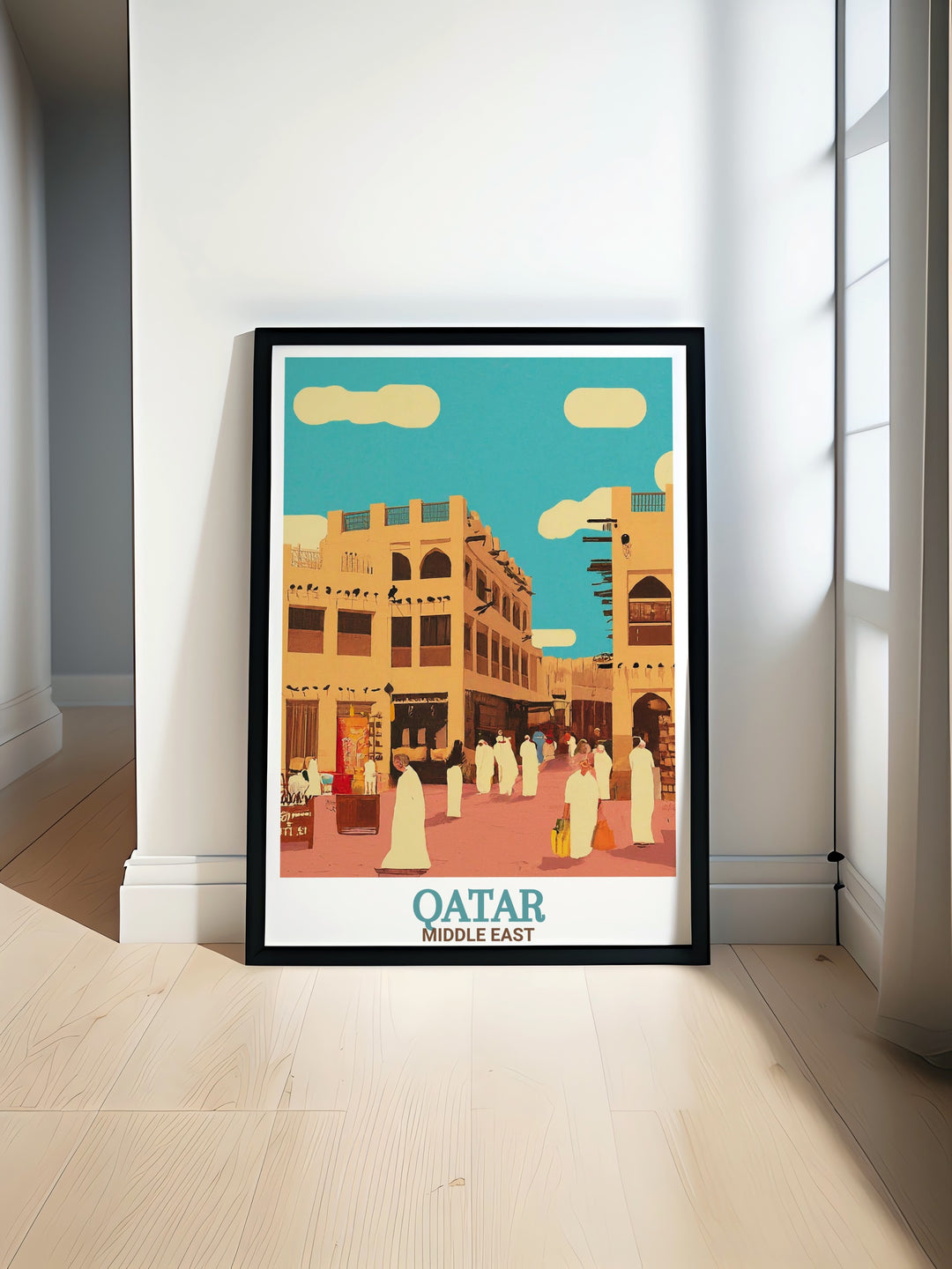 Middle Eastern travel poster featuring Qatars Souq Waqif. The artwork portrays the markets vibrant scenes, perfect for adding a touch of Middle Eastern heritage to any home or office decor.