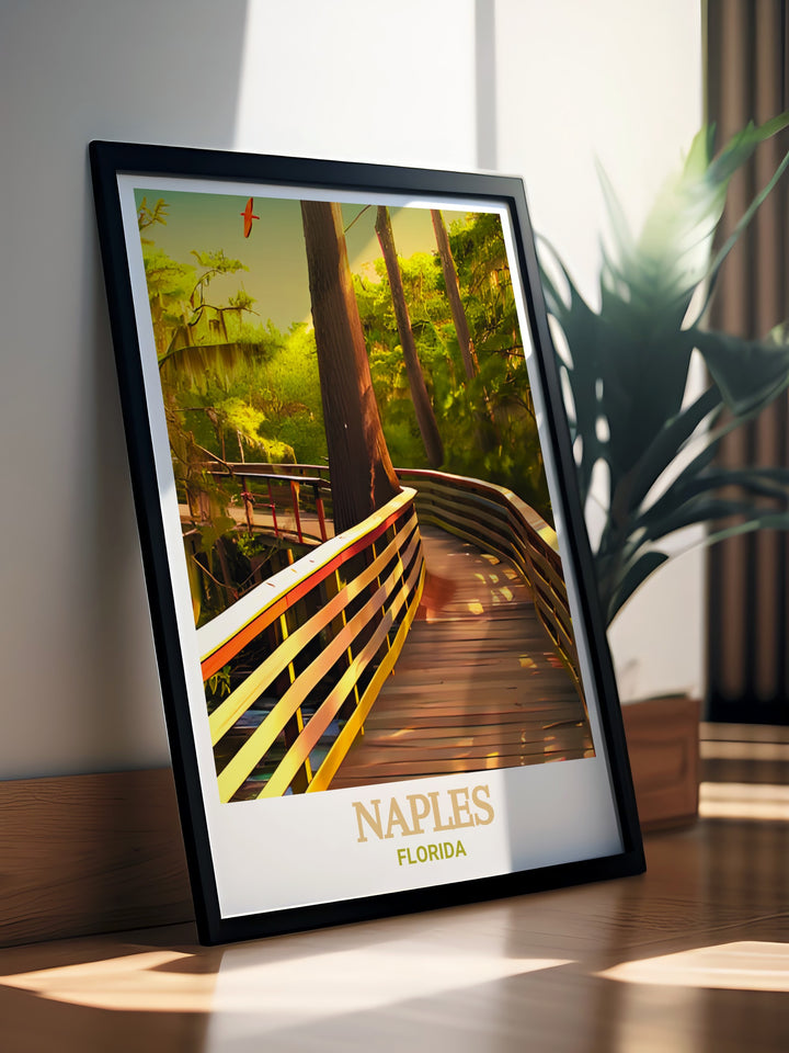 Naples Florida Travel Print captures the sunny and relaxed vibe of Naples, with its colorful buildings and coastal charm. This print is perfect for those who have visited or dream of visiting this beautiful Floridian city, bringing a piece of Naples into any space.