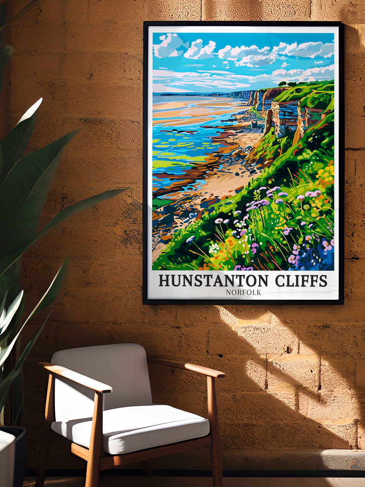 Hunstanton Cliffs wall art showcasing the striking red and white layers of rock along the Norfolk coast. This framed artwork brings the unique geological beauty of the cliffs into your home, perfect for nature lovers and those inspired by Englands coastal landscapes.