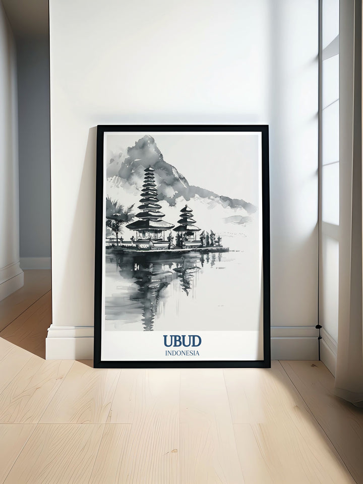 A stunning Bali wall art piece depicting the serene Pura Ulun Danu Bratan and the calming Lake Bratan in Ubud. This travel poster adds a touch of exotic beauty to your home, ideal for lovers of Balis landscapes and culture.