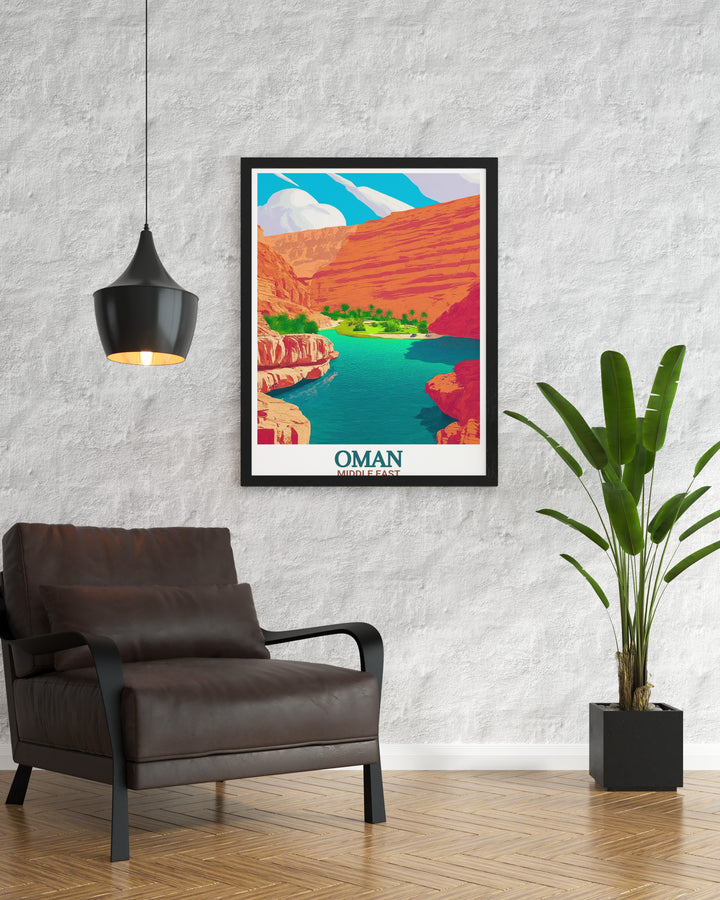 Capture the beauty of Omans Wadi Shab with this colorful travel print. The poster highlights the vibrant scenery of this Middle Eastern landmark, making it a fantastic choice for any wall art collection.