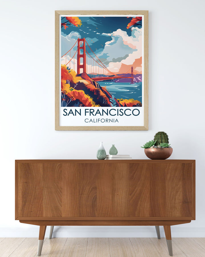 This Golden Gate Bridge Vintage Poster adds a classic touch to your home decor. The poster features the iconic San Francisco landmark in rich detail, set against the backdrop of the West Coasts coastal beauty, making it ideal for travel enthusiasts and collectors.