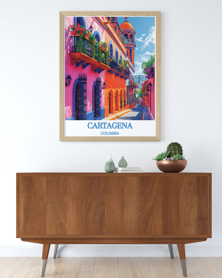 This travel poster captures the iconic Castillo San Felipe de Barajas in Cartagena, featuring its robust fortifications and panoramic views. Ideal for adding a touch of the citys historic splendor to your home decor and celebrating one of Colombias most significant landmarks.