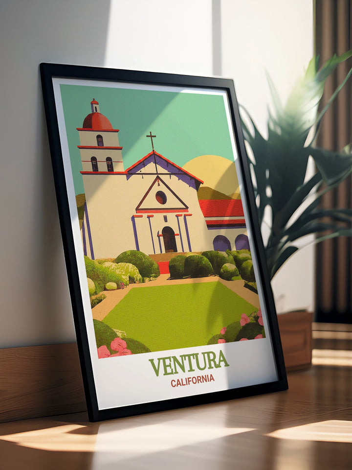 A captivating black and white fine line print showcasing Ventura County, California, with a focus on the historic Mission San Buenaventura. This matted artwork highlights the intricate details of Venturas street map, making it an ideal addition to any home decor. Its blend of modern design and historical significance makes it a perfect gift for anniversaries, birthdays, or holidays.