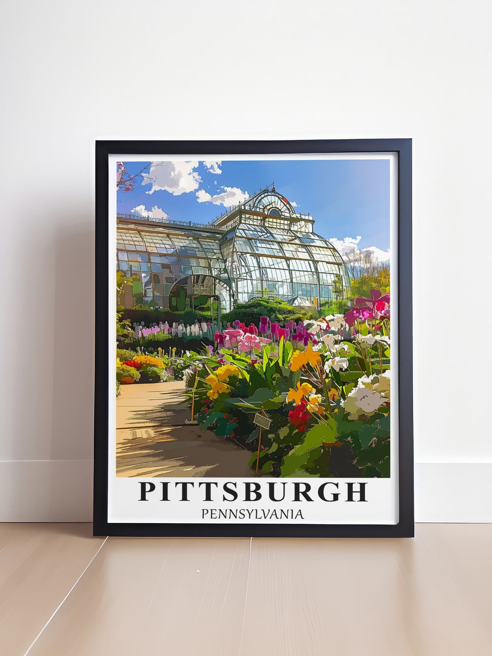 Framed Pittsburgh art print featuring the Phipps Conservatory and its iconic landscape. The vibrant colors and detailed linework make this print perfect for bringing nature into any room while celebrating a historic Pittsburgh landmark.