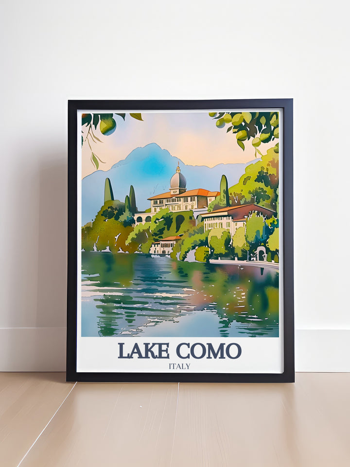 Villa del Balbianello and the Rhaetian Alps are beautifully captured in this Lake Como Art Print perfect for transforming any space with the natural beauty of Italy this piece adds a sophisticated and serene atmosphere to your home