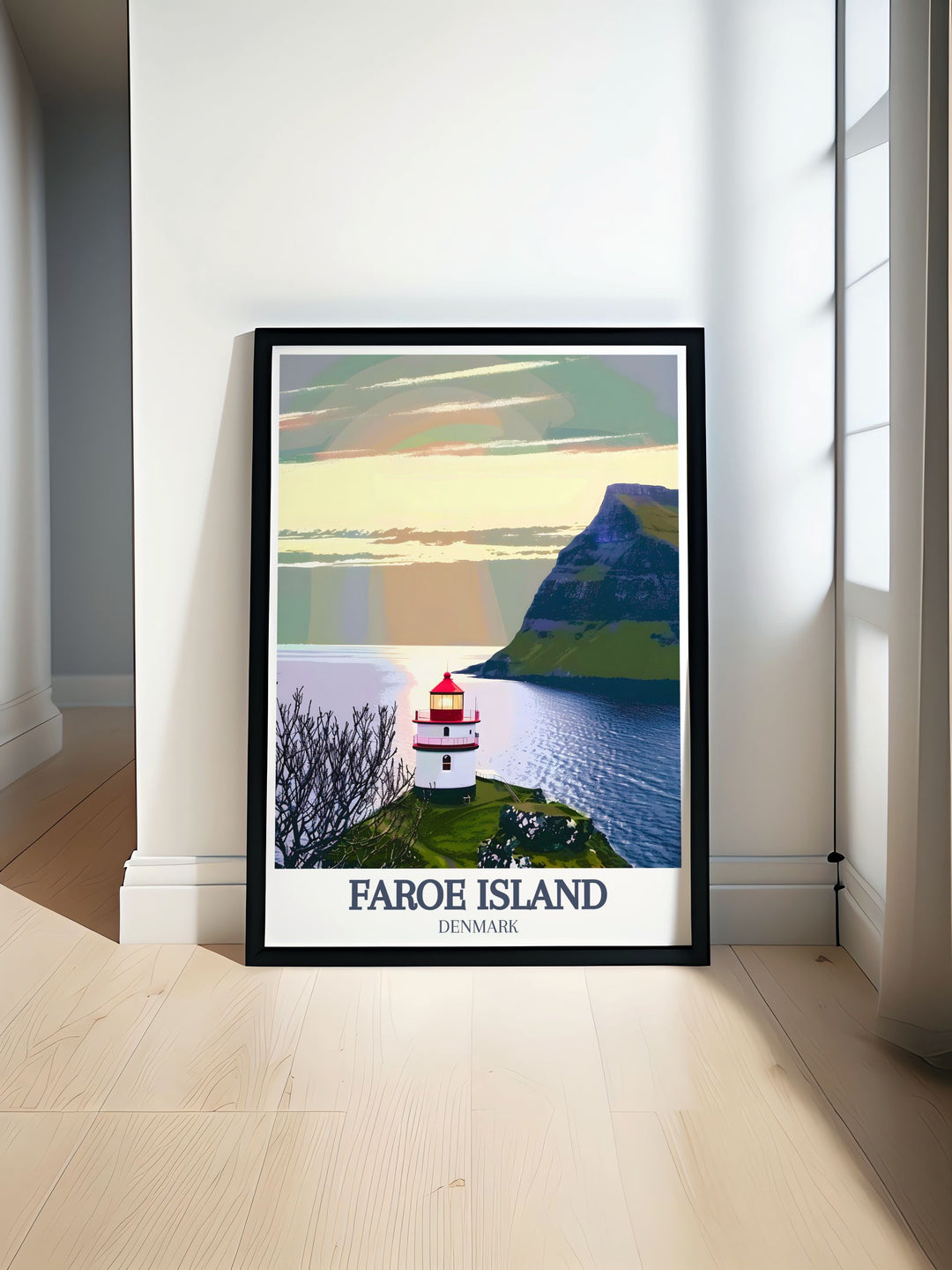 Faroe Island poster featuring the iconic Kallur Lighthouse standing against the backdrop of the Atlantic Ocean. This artwork showcases the breathtaking landscape of the Faroe Islands and is a perfect addition to your home or a thoughtful travel gift.