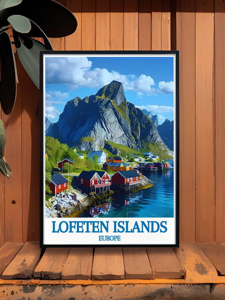 Home decor print of Hamnøy in the Lofoten Islands, Norway, featuring the serene fishing village with its iconic red cabins and towering mountains. This artwork captures the tranquil beauty of the fjord and the village, adding a touch of Scandinavian charm to any living space. The detailed illustration and vibrant colors make this piece perfect for home decoration.