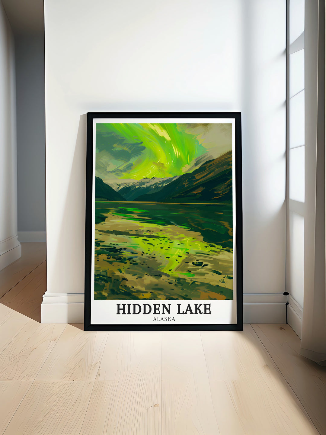 Hidden Lake travel poster offering a detailed view of Alaskas tranquil lake surrounded by natural wilderness. This wall print is ideal for creating a peaceful and calming environment, perfect for nature lovers who want to bring the beauty of the outdoors into their home.