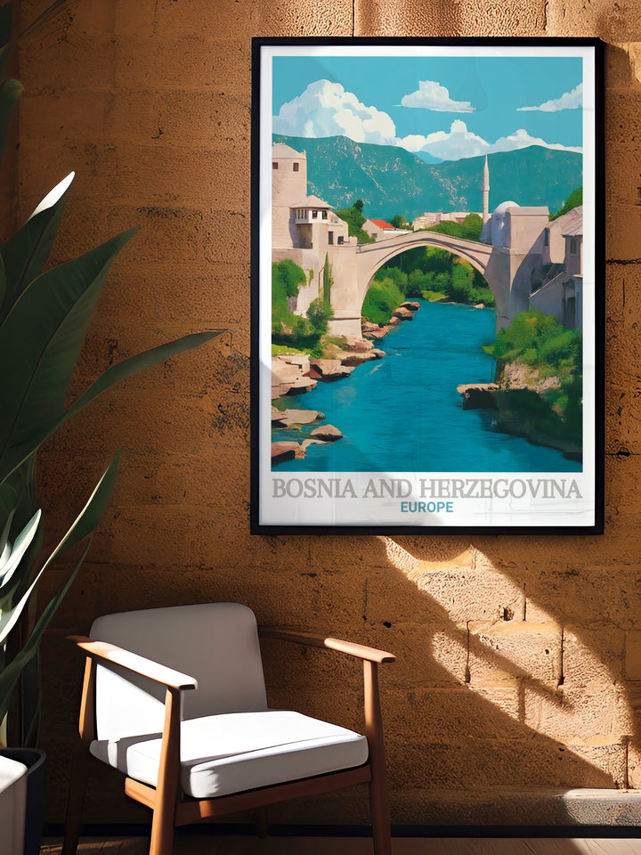 Stari Most wall poster offers a breathtaking view of Bosnia and Herzegovinas famous bridge, combining history, culture, and art in a single piece. This travel print is perfect for adding a touch of European elegance to any space.