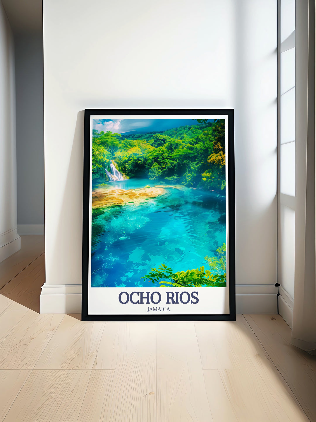 Discover the natural wonders of Ocho Rios with this canvas art, showcasing the vibrant Blue Hole within the Jamaican rainforest. The rich details and vibrant colors of this travel poster make it an ideal piece for creating a relaxing and nature inspired atmosphere in your living space.