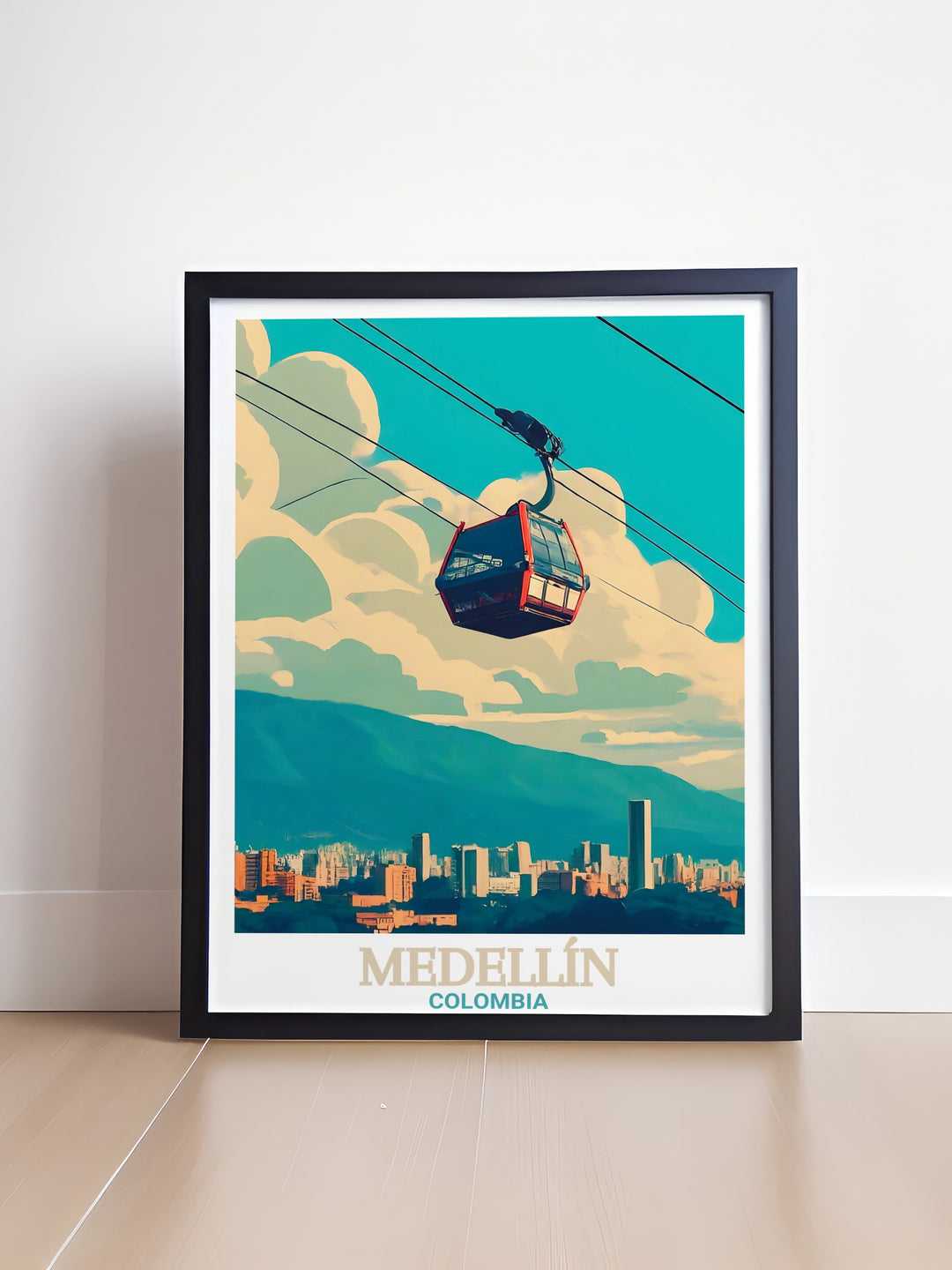 This Medellín Travel Print captures the vibrant energy of Medellín, Colombia, showcasing the iconic Metrocable and the citys stunning hillside views. Perfect for lovers of travel and urban landscapes, this framed print brings Medellíns beauty into your home.