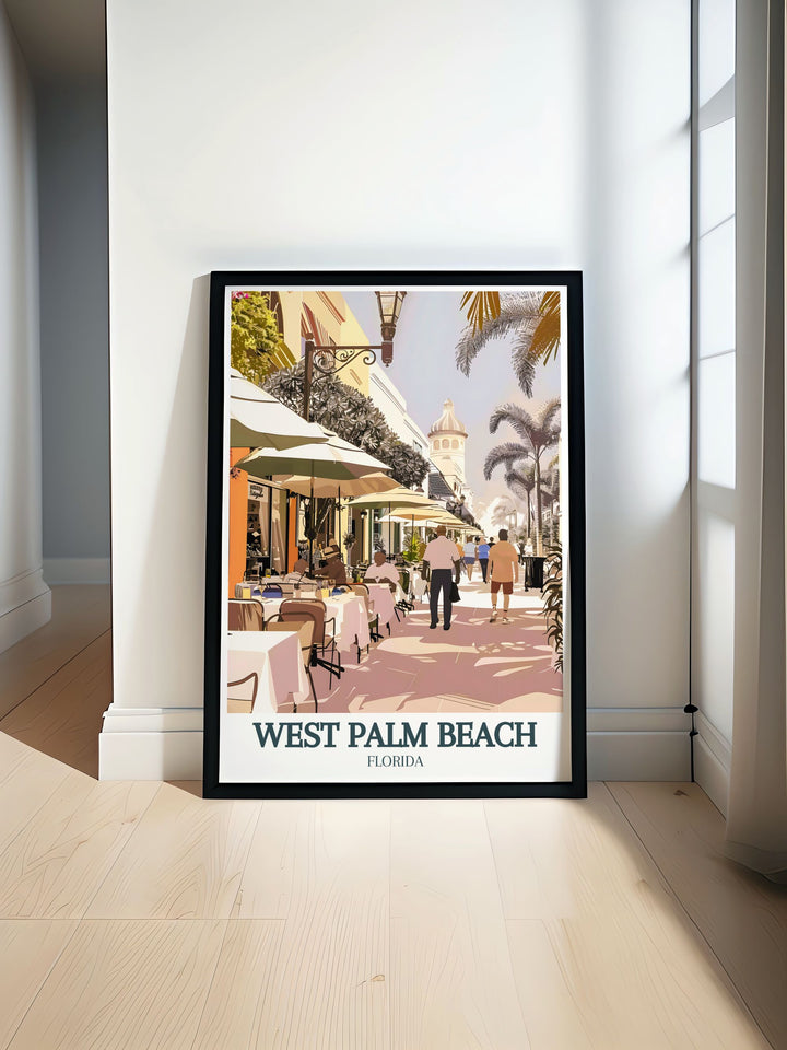 Florida artwork featuring Downtown Worth Avenue in West Palm Beach perfect for adding a stylish and vibrant look to your living space with beautiful palm trees and upscale Florida travel print capturing the beauty of Palm Beach and Worth Avenue modern decor