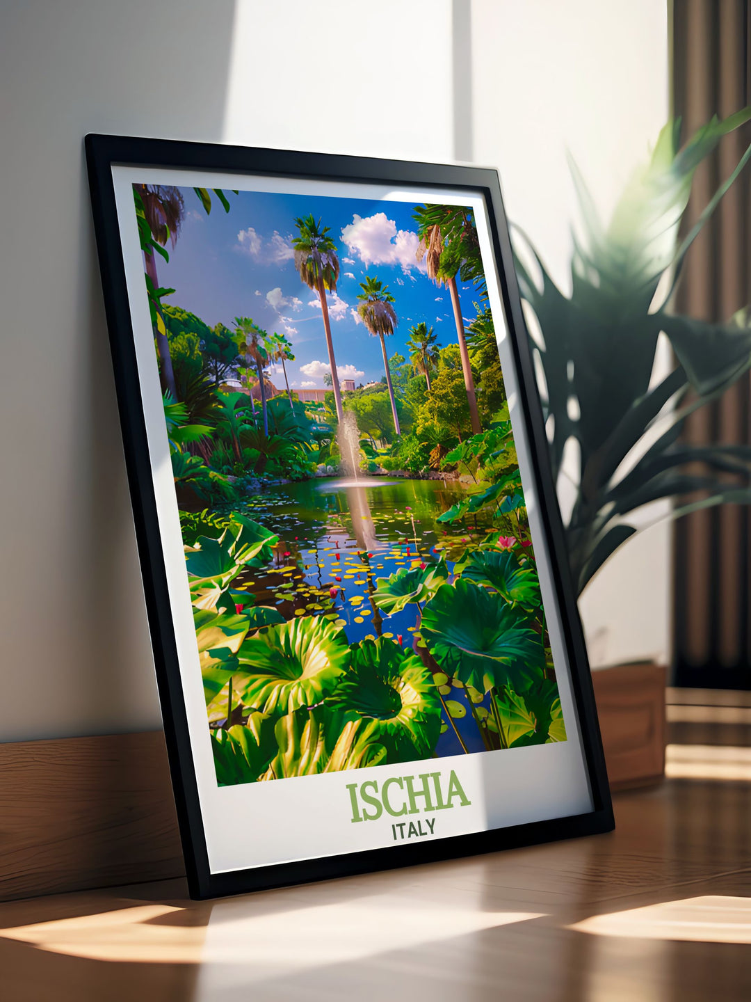 Ischia poster print depicting La Mortella Gardens in Italy, with vibrant colors and intricate details. This travel art brings the natural beauty of Ischia into your home and is perfect for gifting to friends, family, or anyone who loves nature.