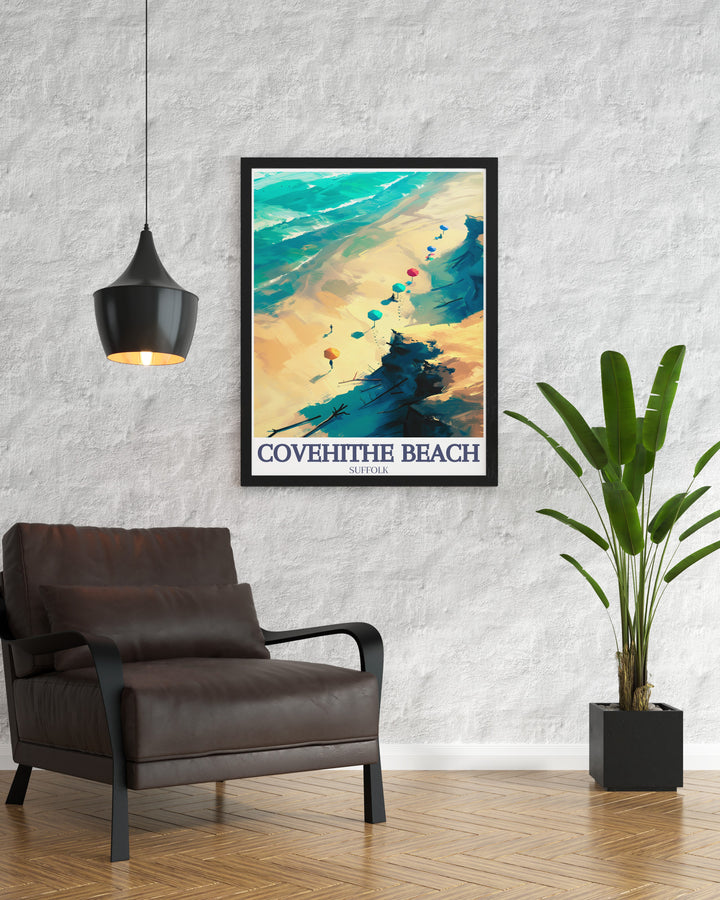 This Covehithe Beach poster print showcases the beautiful Suffolk coastline, capturing the unique blend of rugged cliffs, driftwood, and the North Seas calming waves. Perfect for lovers of English coastal art, this travel print brings the serene charm of Covehithe into your home.